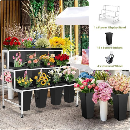 3 Layers Flower Display Stand with Buckets, 12 PCS Buckets Plant Stand with Wheels, Movable Metal Plant Stand for Terrace Garden, Living Room, Florist Shop