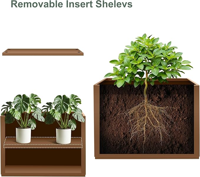 Tall Rectangular Planter Box, Metal Large Planters for Outdoor Plants, Flowers, with Drainage Holes (30" L x 12" W x 24" H, Brown)