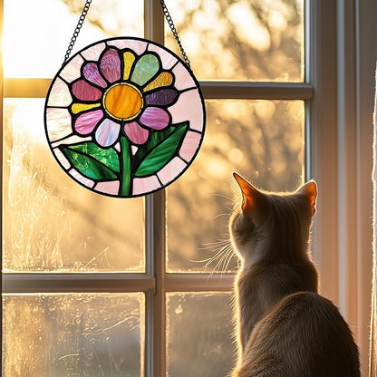 Stained Glass Window Hanging 4 Pcs Set Pink Floral Theme Large 11.8" - Flowers Suncatcher Door Garden Sun Catcher Decor Birthday Christmas for Mom Woman Nana Men Friend
