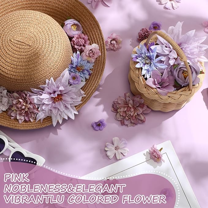 80 Pcs Assorted Fake Flower Heads Mini Artificial Flower Heads Bulk Silk Faux Daisy for Crafts Fake Peony Rose for Wedding Party Wreath Home Decoration(Purple)