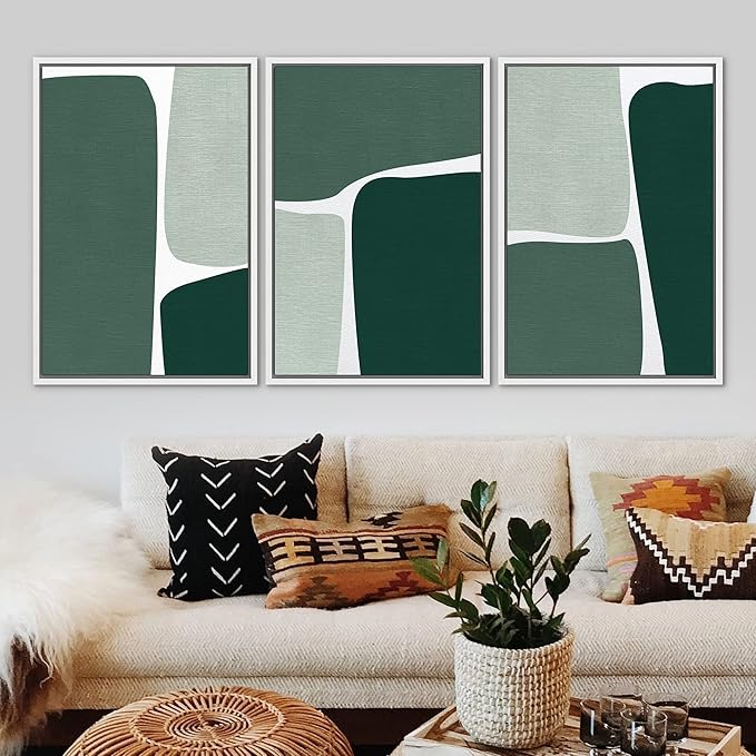 Ashbrook Framed Wall Art Print Set Geometric Green Color Block Collage Abstract Shapes Illustrations Modern Art Boho Scenic Colorful for Living Room, Bedroom, Office - 16"x24"x3 White