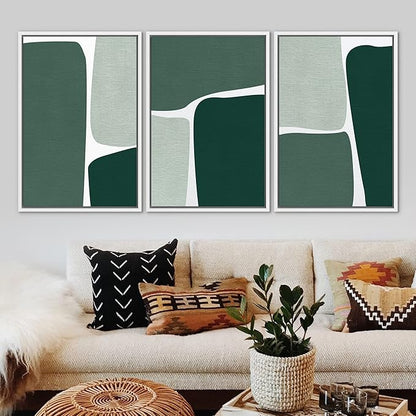 Ashbrook Framed Wall Art Print Set Geometric Green Color Block Collage Abstract Shapes Illustrations Modern Art Boho Scenic Colorful for Living Room, Bedroom, Office - 16"x24"x3 White