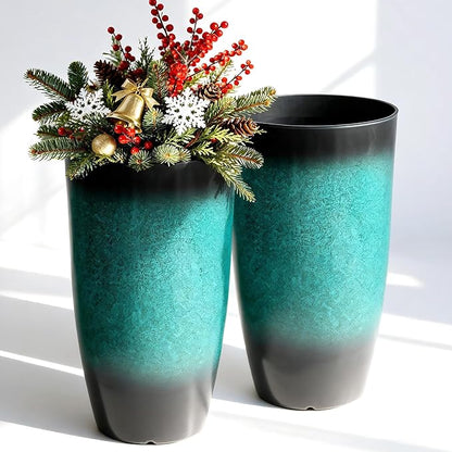 23.75" H Large Tall Outdoor Planters, Set of 2 Plastic Large Flower Pots for Outdoor Plants, Weather-Resistant for Porch, Garden, Patio or Indoor All Season Decor, Gradient Turquoise Finish