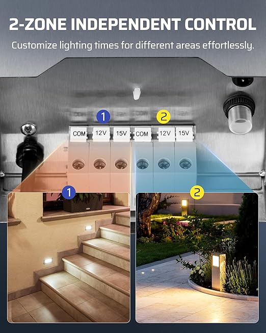 DEWENWILS 300W Low Voltage Landscape Transformer 2-Zone, Stainless Steel Landscape Lighting Transformer with Photocell Sensor & Countdown Timer, 120V AC to 12V/15V AC, Weatherproof for Outdoor Lights