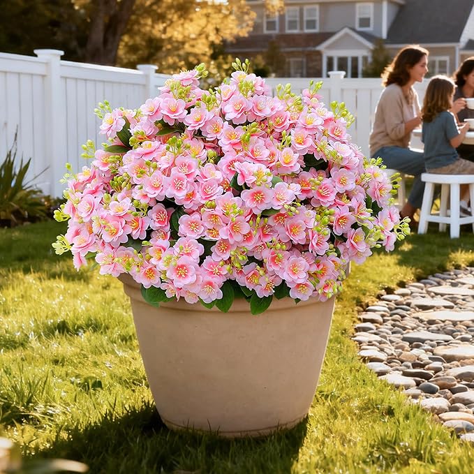 alyptus Artificial Flowers for Outdoors, 12 Bundles UV Resistant Spring Fake Flowers for Porch, Patio & Garden Decor – Realistic Outdoor Fake Plants with Lasting Color - Pink