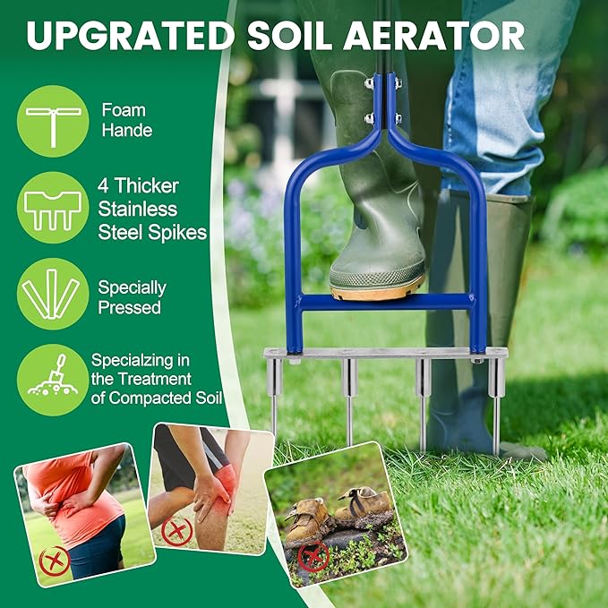 Spike Tine Fork Lawn Aerator - Four 5.2'' Stainless Steel Spikes Manual Gardening Hand Tool - Grass Dethatcher Aerator Lawn Tool with Solid Tines for Compacted Soil - Lawn Plugger Aerator.