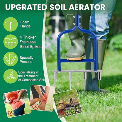 Spike Tine Fork Lawn Aerator - Four 5.2'' Stainless Steel Spikes Manual Gardening Hand Tool - Grass Dethatcher Aerator Lawn Tool with Solid Tines for Compacted Soil - Lawn Plugger Aerator.