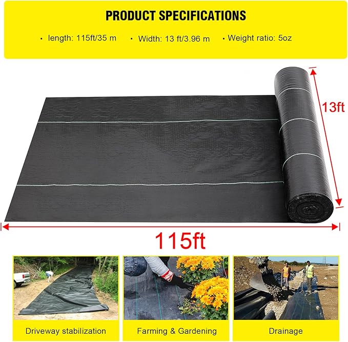 Doniks 13x115ft Driveway Fabric,5OZ Commercial Heavy Duty Weed Barrier Fabric, Garden Landscape Fabric,French Drain Fabric for Erosion Control,Landscape Fabric,Weed Barrier,Construction Projects