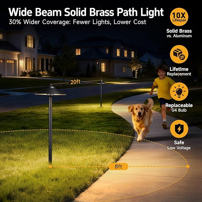 Gardenreet Low Voltage Landscape Path Light Brass (9" Shade, 23.5" Tall) - 12V LED Pathway Warm Lights Waterproof, Wired Black for Walkway Garden Driveway with 3W 270LM 2700K G4 Bulb