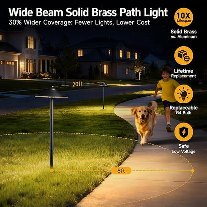 Gardenreet Low Voltage Landscape Path Light Brass (9" Shade, 23.5" Tall) - 12V LED Pathway Warm Lights Waterproof, Wired Black for Walkway Garden Driveway with 3W 270LM 2700K G4 Bulb