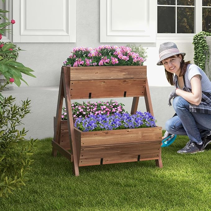 S AFSTAR 21-Inch Vertical Raised Garden Bed, 3 Tiered Wooden Planter Boxes 26" L x 29" W x 29" H, Drainage Holes, Indoor Outdoor Flowerbed, Freestanding Elevated Planter Box for Garden Flower Veggies
