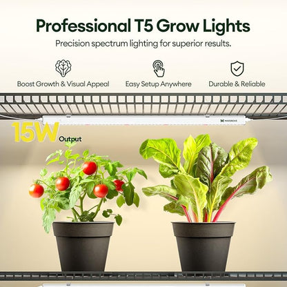 Grow Lights for Indoor Plants 2FT, Red-Enhanced Full Spectrum 5000K Grow Light, 60W(4 x 15W), T5 LED Grow Light Strips for Leafy Greens and Vegetables, High PPFD, Linkable, White, 4-Pack
