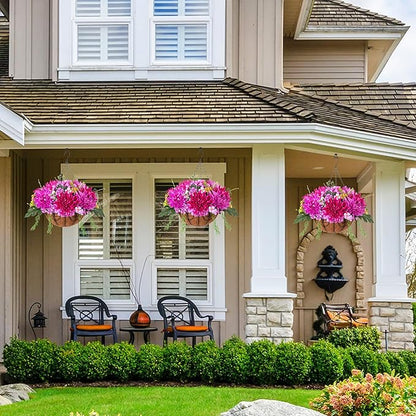 HyeFlora Artificial Fall Mums Flowers Baskets for Outside Decoration, Fake Hanging Silk Fuchsia Flower, Faux Chrysanthemum Summer UV Resistant Realistic for Porch Yard Autumn Decor