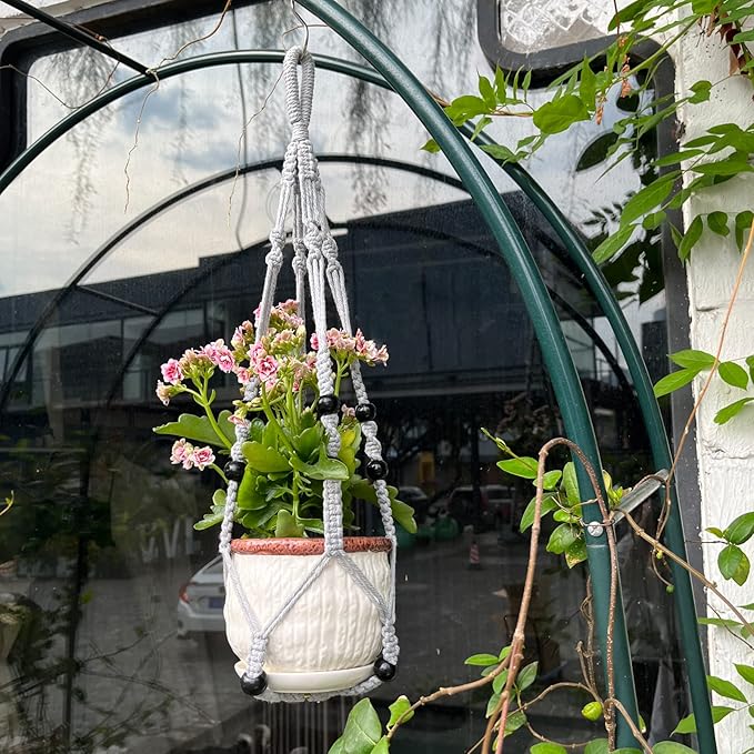 RIFNY Macrame Plant Hanger for 5 to 10 Inch Plant Pots, 35 Inch Indoor Handmade Woven Rope Hanger Kits with Hooks and Wood Beads, Hanging Planter Basket Holder for Boho Home Decor (Grey, 3 Pack)