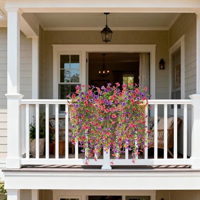Fake Artificial Hanging Flowers for Outdoors, 2 Pcs Fake Hanging Plant Spring Summer Decor, UV Resistant No Fade Faux Silk Daisy Flower for Front Door Porch Planter Patio Yard Garden(Purple Hot Pink)