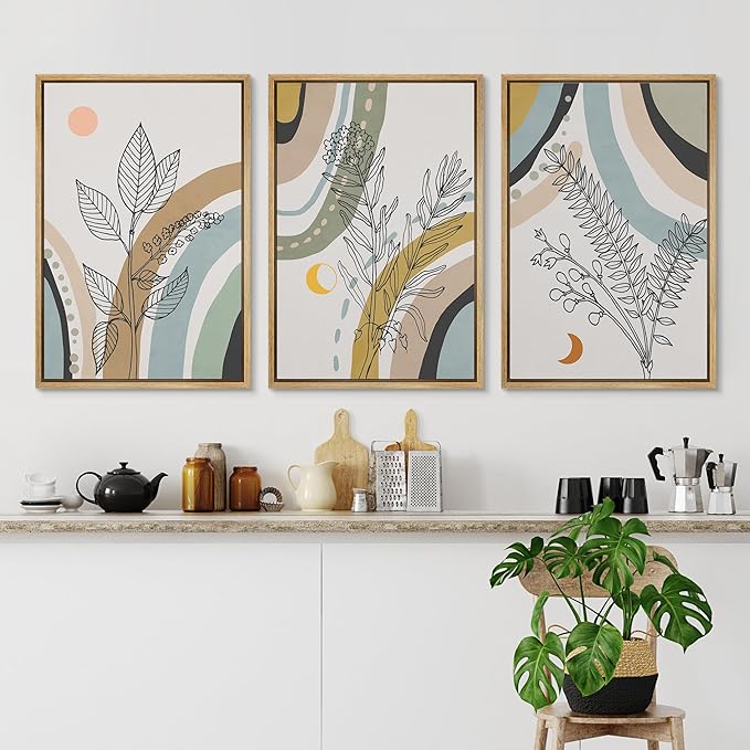Ashbrook Framed Wall Art Print Set 1960s Retro Floral Forest Plant Silhouettes Abstract Nature Illustrations Modern Art Boho Colorful for Living Room, Bedroom, Office - 16"x24"x3 NATURAL