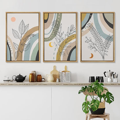 Ashbrook Framed Wall Art Print Set 1960s Retro Floral Forest Plant Silhouettes Abstract Nature Illustrations Modern Art Boho Colorful for Living Room, Bedroom, Office - 24"x36"x3 NATURAL