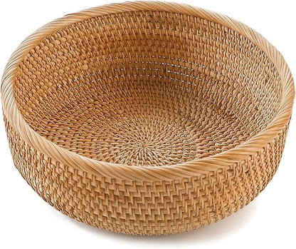 HITOMEN Handmade Rattan Bread Baskets Round Wicker Fruit Serving Storage Bowls, Natural Woven Decorative Kitchen Counter Organizing (Honey Brown) M-9.1"