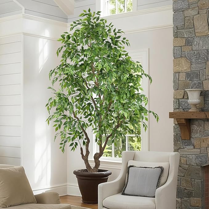 7ft Artificial Ficus Tree - 84In Tall Faux Banyan Tree with White Planter, Large Fake Ficus Tropical Plant for Home Office Living Room Mall Porch Indoor Decor