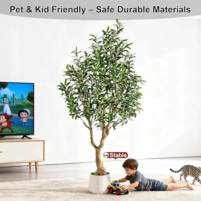 6FT Faux Olive Tree with Tall Exquisite Planter Artificial Olive Tree Tall, Potted Fake Olive Plant with 1260 Real Touch Leaves, Indoor Outdoor Home Garden Office Decor