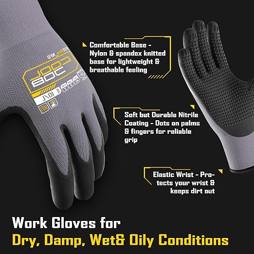 COOLJOB 3/6/12 Pairs Nitrile Rubber Coated Nylon Safety Work Gloves, Dotted for Non-Slip Grip, Breathable Soft Seamless Knit Nitrile Dipped Gloves for Warehouse, Home Improvement, Yard, Grey Xlarge