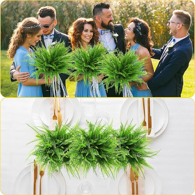 Janinka 10 Pcs Artificial Boston Fern Plants Fake Boston Fern Stems UV Resistant Faux Plants Artificial Outdoor Plastic Bushes Bulk for Hanging Office Porch Window Home Decor