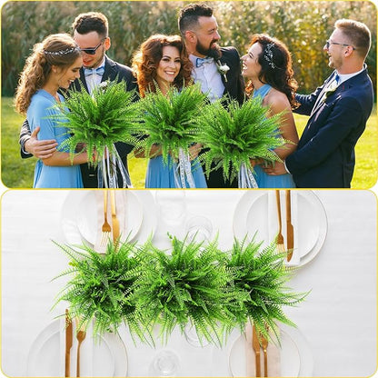Janinka 10 Pcs Artificial Boston Fern Plants Fake Boston Fern Stems UV Resistant Faux Plants Artificial Outdoor Plastic Bushes Bulk for Hanging Office Porch Window Home Decor