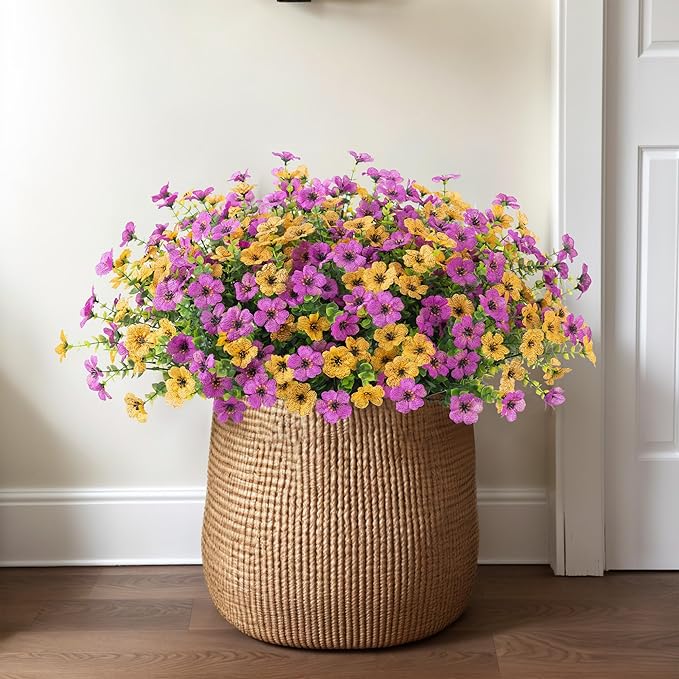 Artificial Fake Mums Flowers for Outdoor Fall Decor, 12 Bundles Faux Silk Plants Daisy for Planter Pot Colorful UV Resistant Look Real for Front Door Porch Patio Outside Yard(Purple Yellow)