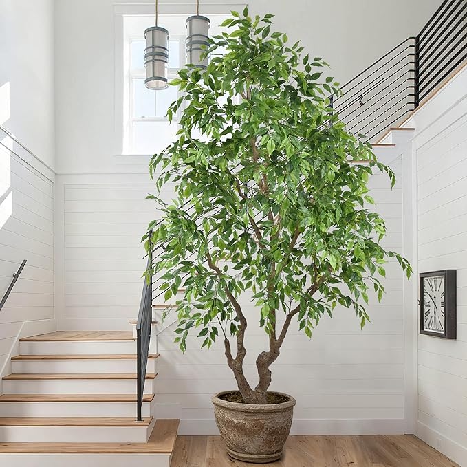 7ft Artificial Ficus Tree - 84In Tall Faux Banyan Tree with White Planter, Large Fake Ficus Tropical Plant for Home Office Living Room Mall Porch Indoor Decor