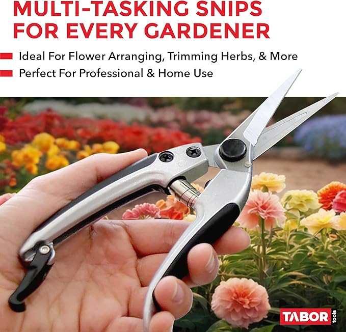 TABOR TOOLS K18A Straight Pruning Shears, Florist Scissors, Multi-Tasking Garden Snips for Arranging Flowers, Trimming Plants and Harvesting Herbs, Fruits or Vegetables (Japanese Style Blades)