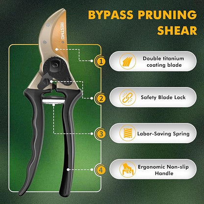 RESTMO 8.6" Professional Pruning Shears, Premium Titanium SKS5 Steel Blade for Long-Lasting Sharpness, Forged Aluminum Handles for Durability, Bypass Pruners for Gardening, Clippers & Scissor Tool
