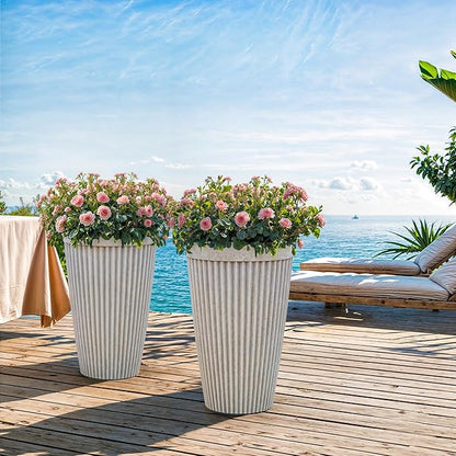20" Tall Planters Set of 2, High-Density Resin Fluted Outdoor Pots for Plants, Versatile Indoor/Outdoor Flower Pots w/Drainage Holes for Patio, Garden, Porch & Living Room Decor, Ideal Gift