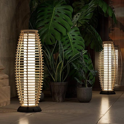 Solar Yard Outdoor Floor Lamp Patio Lights Solar Powered Lantern Weather-Resistant Wicker Deck Lights, Lamp Large for Garden (Austin Natural Brown)