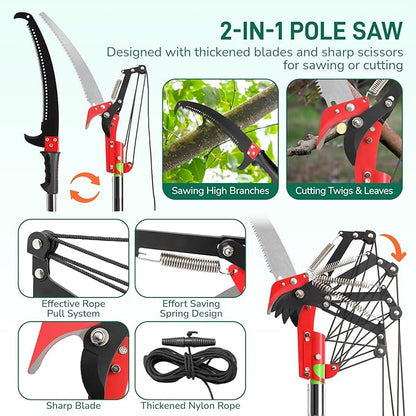 Outvita Manual Pole Saw, 30 Feet Extendable Tree Pruner with Knives and Storage Pocket, Sharp Steel Blade and Scissors High Branches Trimming for Pruning Palms and Shrubs(Green)