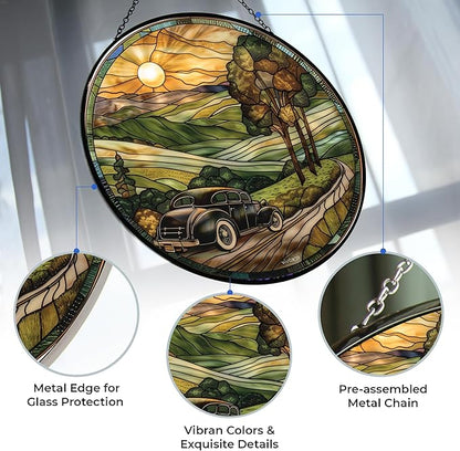 Customized Vintage Car Stained Glass Window Hanging, Stained Glass Suncatcher for Women, Window Decor Perfect Home Décor