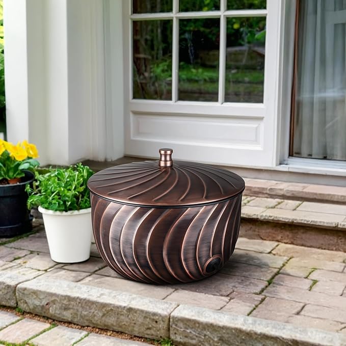 Monarch Abode Garden Hose Holder with Lid – Decorative Water Hose Holders for Outside, Wave Embossed Metal Antique Copper Pot with Drainage, 100ft Waterhose Holder for Outside, Garden Storage Caddy
