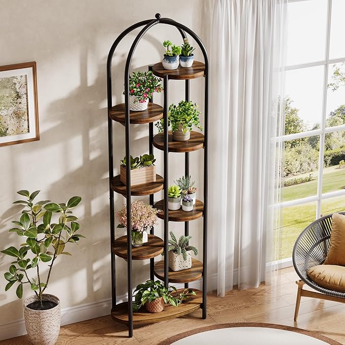 Tribesigns 8-Tier Plant Stand Indoor, 70" Tall Arched Plant Shelf with Metal Frame, Multi-Tier Flower Stand Pot Holder Corner Display Rack for Patio, Balcony, Garden, Living Room, Brow& Black