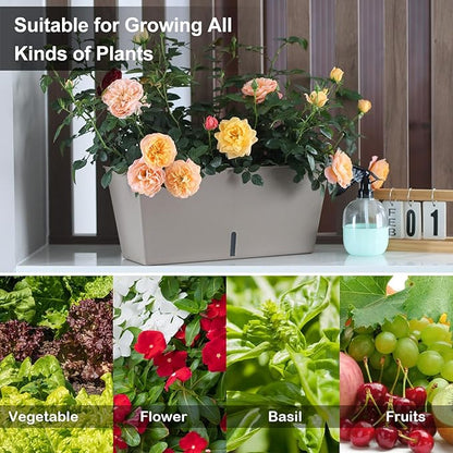 Window Box Planter 6 Pcs, 12.6 Inches Self Watering Rectangle Flower Plant Pots with Drainage Holes & Breathable Trays, Vegetable Planters for Windowsill Patio Garden Balcony Porch Yard (Khaki)