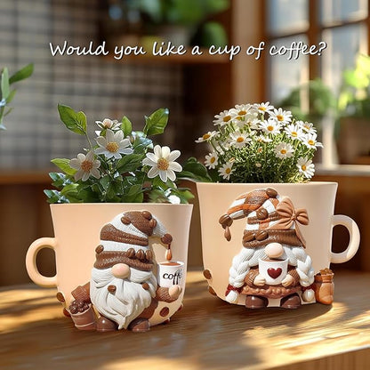 GUGUGO Coffee Cup Gnome Plant Pots, Cute Unique Flower Pots for Indoor Plants, Funky Small Planters with Drainage Holes, Eclectic Home Decor Aesthetic, Funny Gardening Planter for Couple Gift, Female