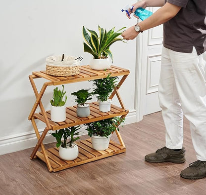 BEEFURNI Acacia Plant Stand Indoor, Wooden Outdoor Planter Stand, 3 Tier Succulent Shelf, Easy Assembly, Patio Balcony Sunroom Decor, Flower Garden Shelf, 1-year Manufacturer Warranty (Natural Wood)