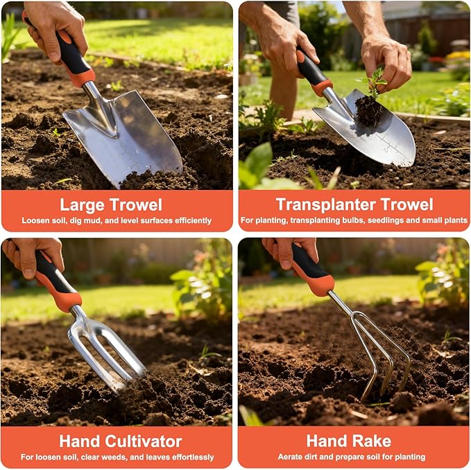 Yesker Gardening Tools 9-Piece Heavy Duty Garden Tool Set Gardening Supplies Gifts for Women Men Gardening Hand Tool Kit w Non-Slip Ergonomic Handle, Garden Bag, Durable Gloves, Spray Bottle, Orange
