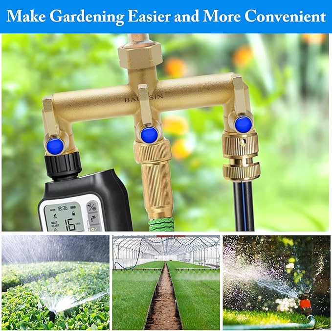 Brass Garden Hose Splitter, 3 Way Hose Splitter, Outdoor Hose Splitter, Outlet for Regulating and Shutting Off Water Flow