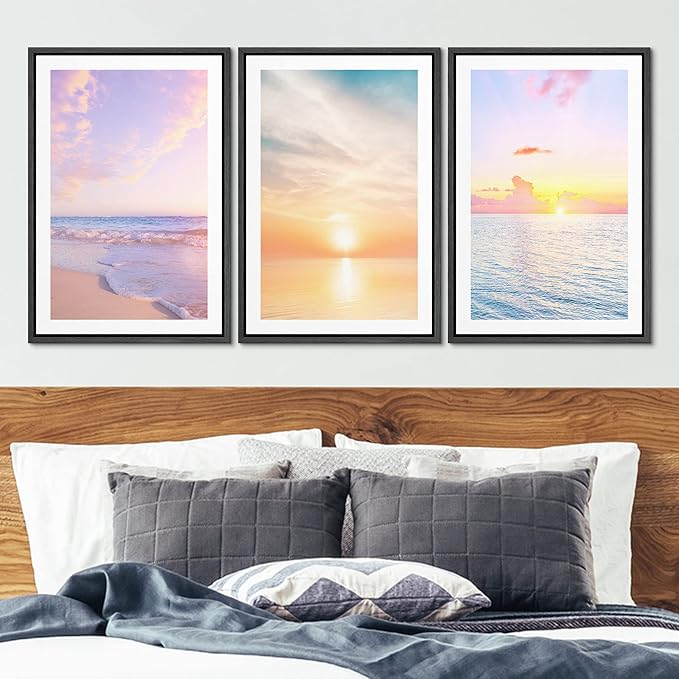Ashbrook Framed Wall Art Print Set Pastel Dawn Sunset Ocean Beach Wave Landscape Nature Wilderness Photography Modern Art Scenic Colorful Chic for Living Room, Bedroom, Office - 16"x24"x3 Black