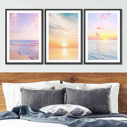 Ashbrook Framed Wall Art Print Set Pastel Dawn Sunset Ocean Beach Wave Landscape Nature Wilderness Photography Modern Art Scenic Colorful Chic for Living Room, Bedroom, Office - 16"x24"x3 Black