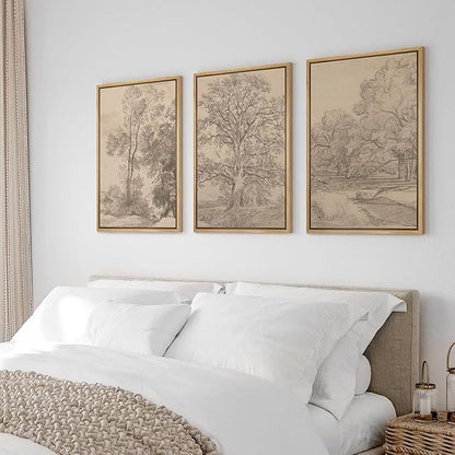 Ashbrook Framed Canvas Print Wall Art Set Retro Vintage Sketchbook Forest Country Landscape Farmhouse Decor Nature Wilderness Illustrations Floral Botanical Retro for Bedroom - 16"x24"x3 NATURAL