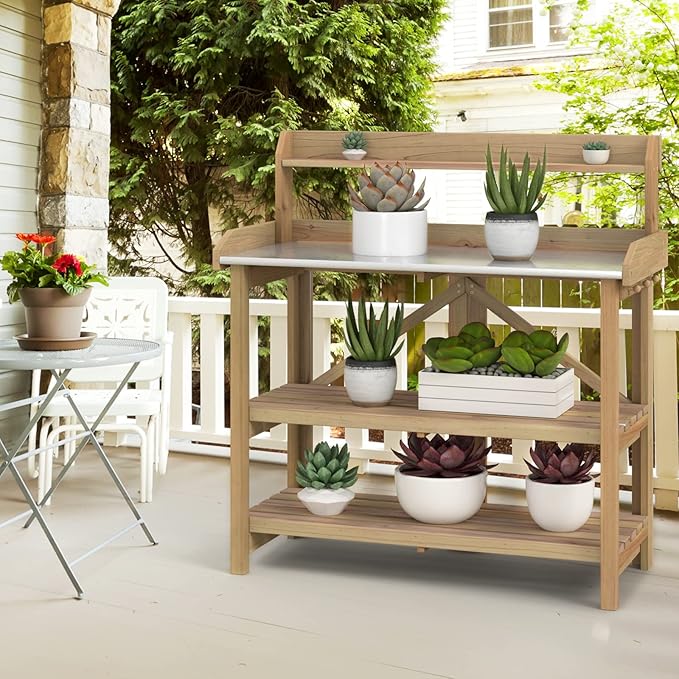 S AFSTAR Garden Potting Bench, Gardening Work Station Table with 2 Storage Shelves, Fir Wood Structure & Metal Tabletop, Garden Table Potting Benches for Outside, Backyard & Balcony