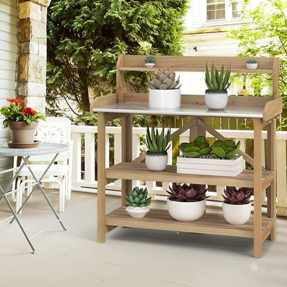 S AFSTAR Garden Potting Bench, Gardening Work Station Table with 2 Storage Shelves, Fir Wood Structure & Metal Tabletop, Garden Table Potting Benches for Outside, Backyard & Balcony