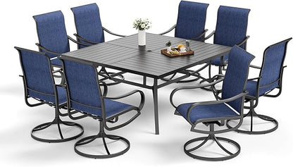 MFSTUDIO Patio Dining Set for 8, Outdoor Dining Set with Square Metal Table and Swivel Chairs, 9 Piece Outdoor Patio Furniture Set for Deck/Backyard/Poolside/Garden