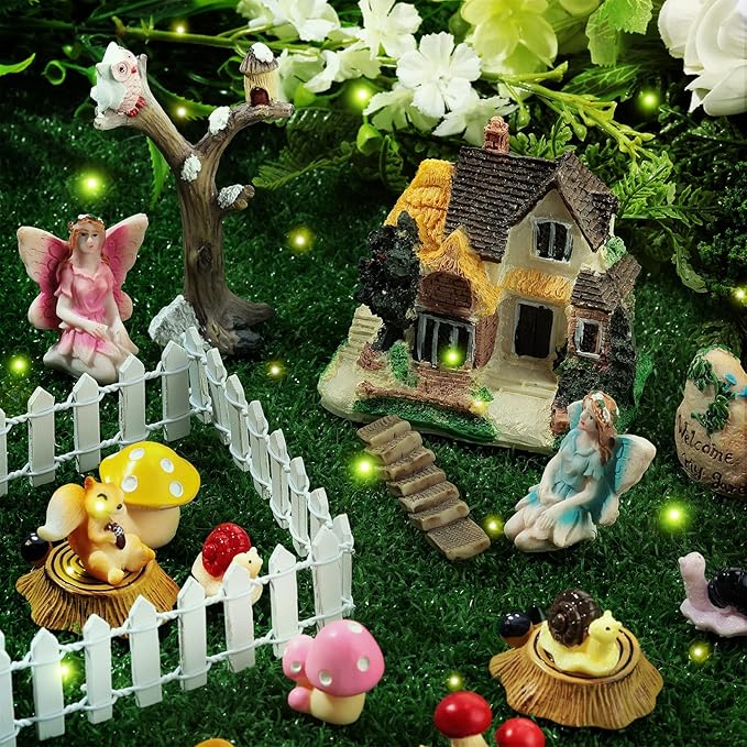 Gejoy 31 Pieces Fairy Garden Accessories Kit Miniatures House Supplies Fly Wing Dollhouse Gifts for Home Garden Lawn Decoration, House Style Random