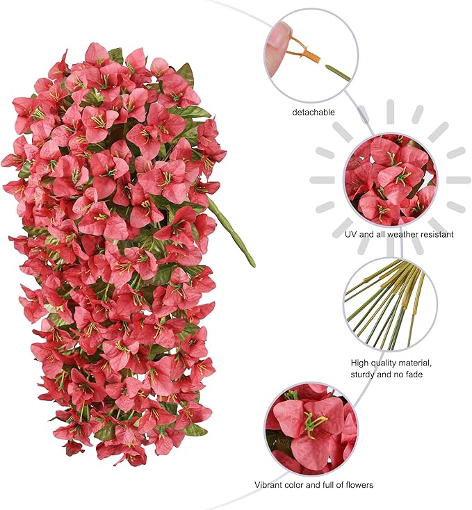 HyeFlora Bougainvillea Artificial Hanging Flowers Plants for Outdoors Winter Decoration, 2pcs Faux Bougainvillea Vines Red Fake Flowers Realistic UV Resistant Silk Flowers for Outside Planter Yard Urn